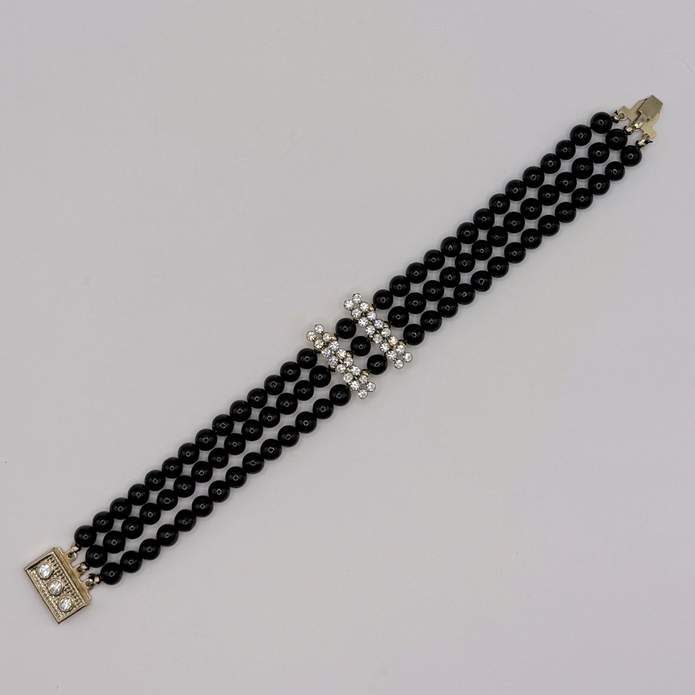 VINTAGE Crystal & Onyx 3 Strand Beaded Bracelet